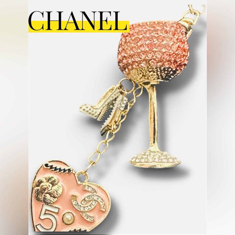 Chanel(Auth. & Stamped) Gold and Pink Charm/BagCharm w/ Bling cup & heels. New